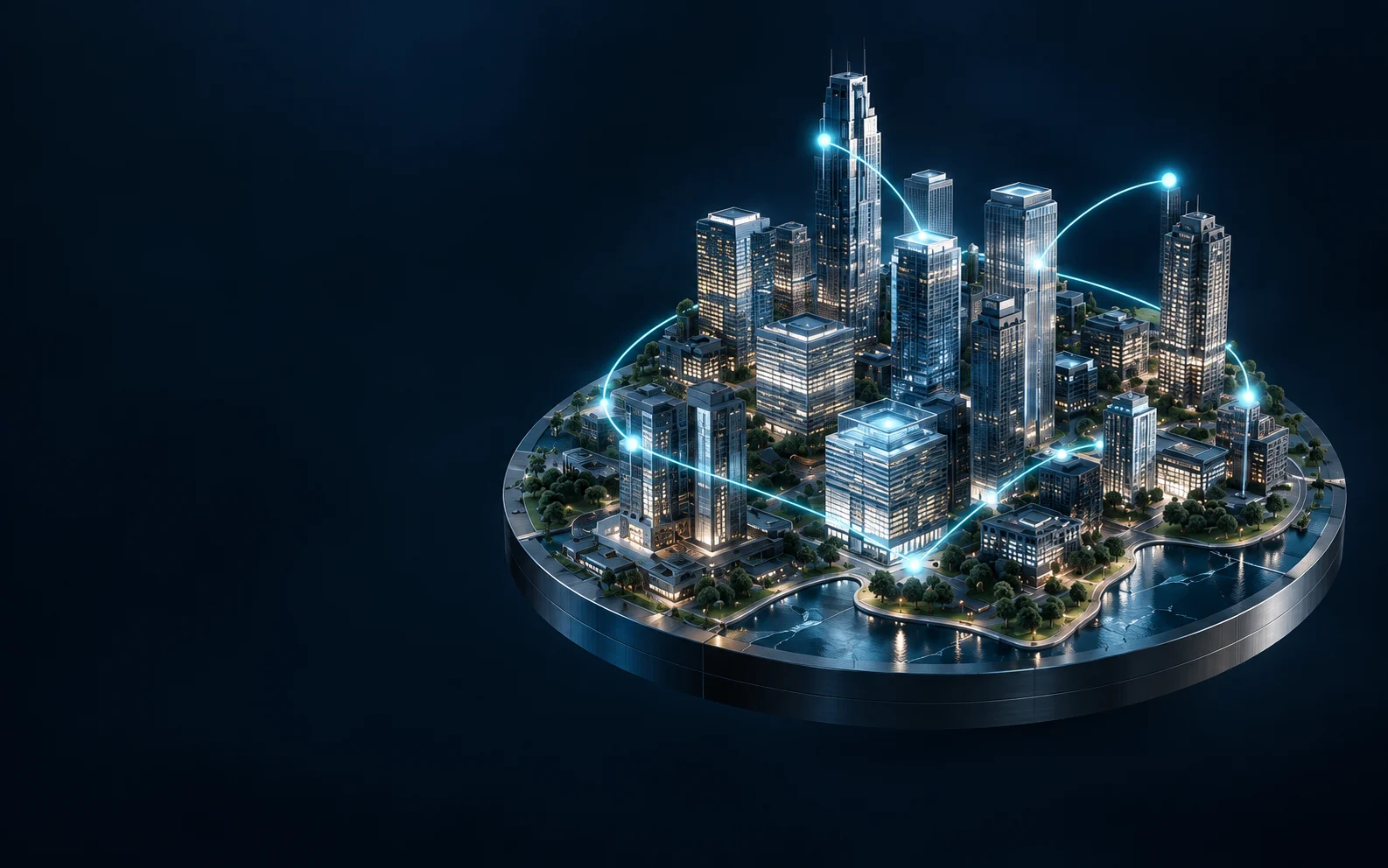 An illuminated commercial city, connected by intelligence